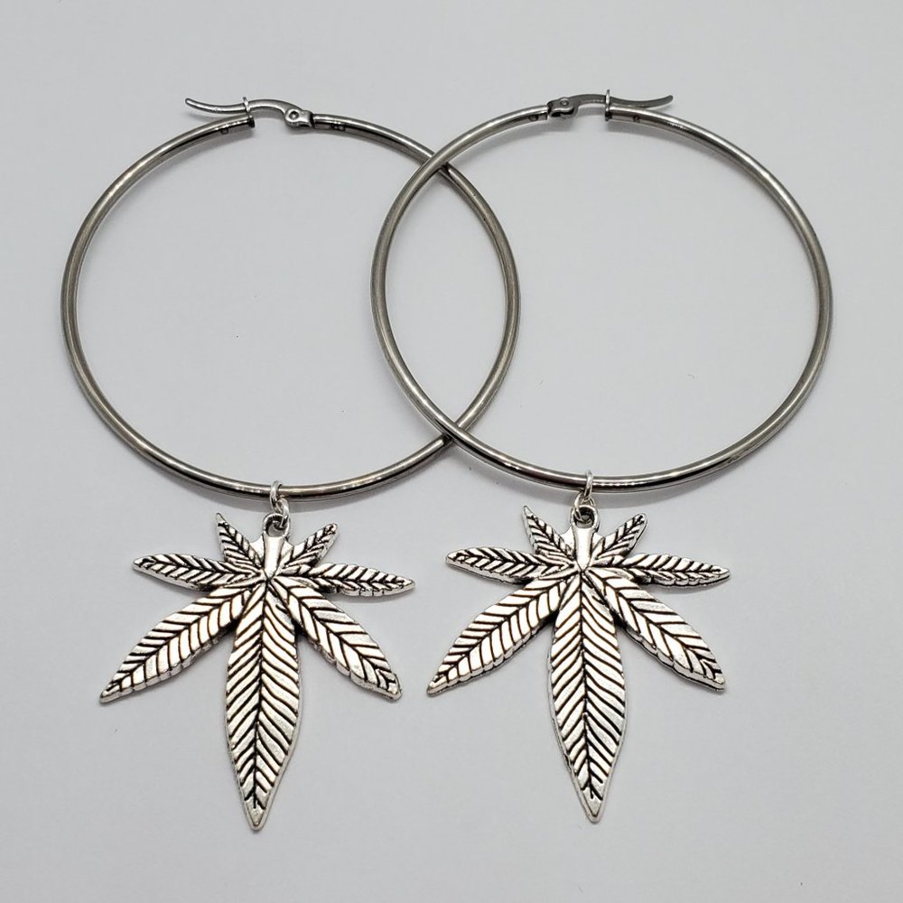 "Stoner Barbie" Silver Cannabis weed leaf hoops